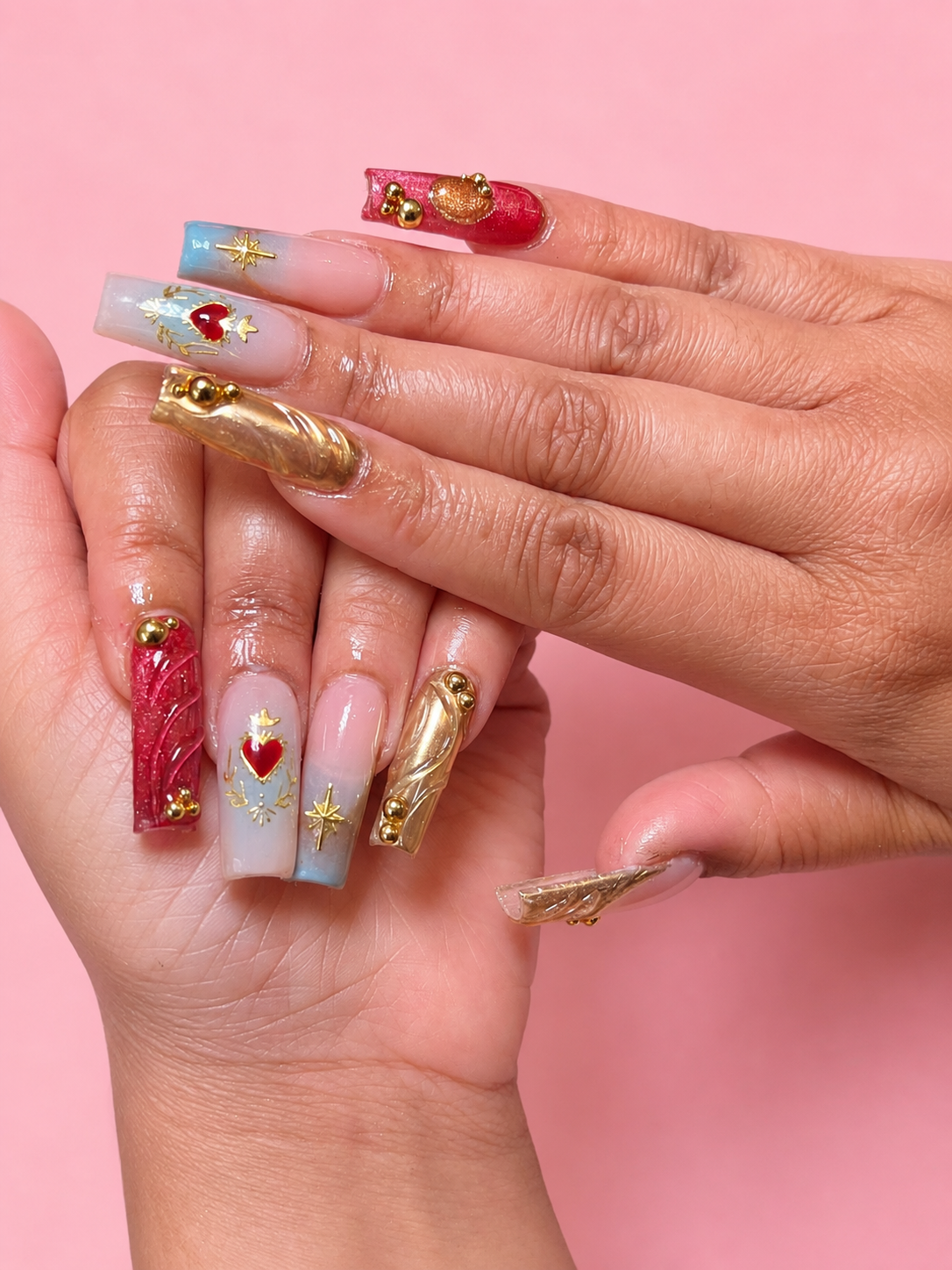 NAIL STICKERS/RED AND GOLD MOONS & STARS