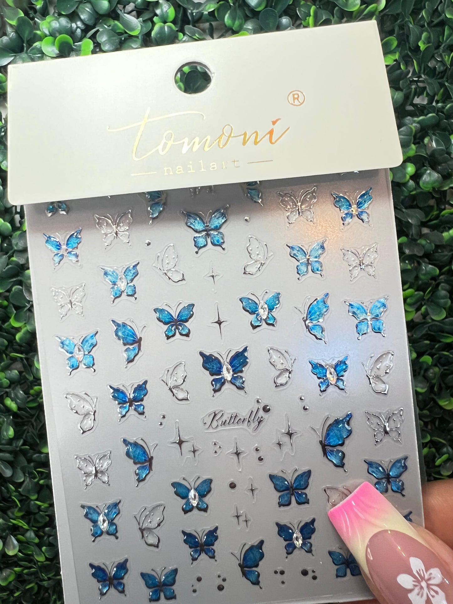 NAIL STICKERS BLUE & SILVER CHROME BUTTERFLIES