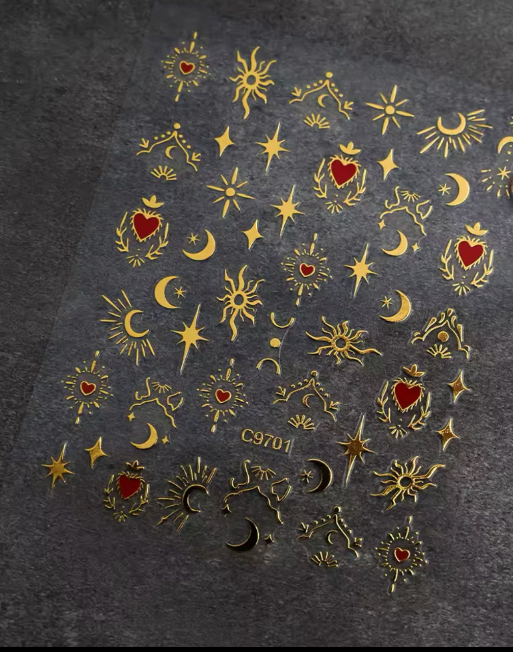 NAIL STICKERS/RED AND GOLD MOONS & STARS