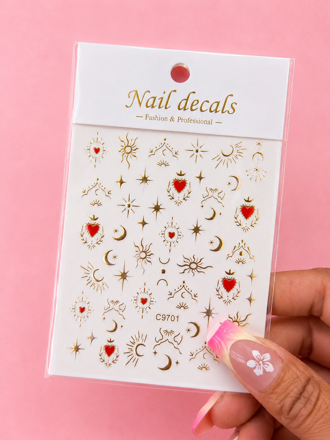 NAIL STICKERS/RED AND GOLD MOONS & STARS