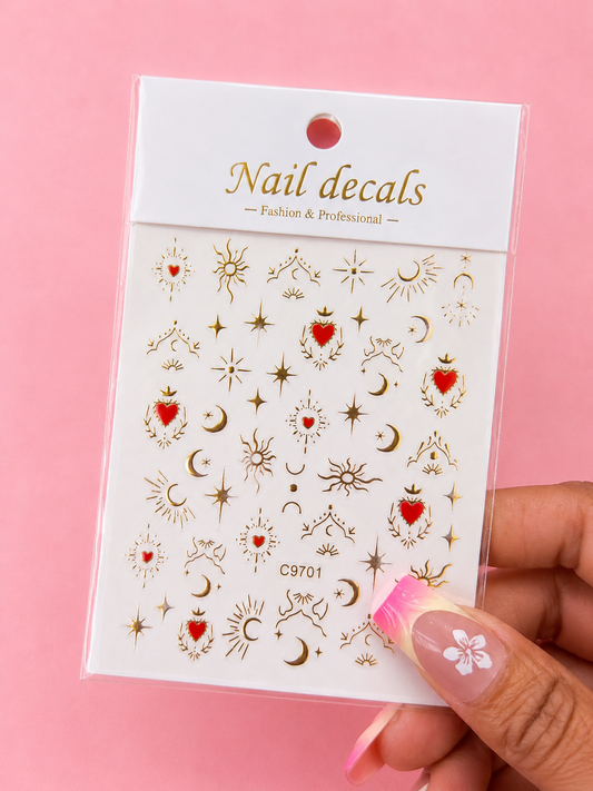 NAIL STICKERS/RED AND GOLD MOONS & STARS