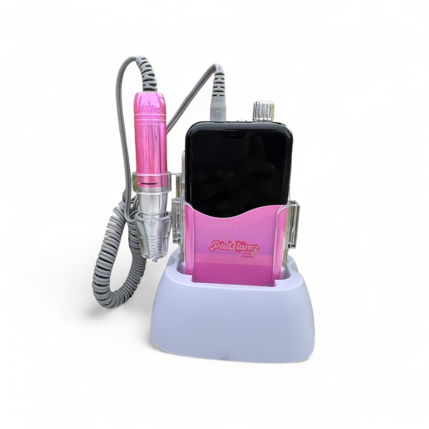 Pink rechargeable nail drill e-file on white background
