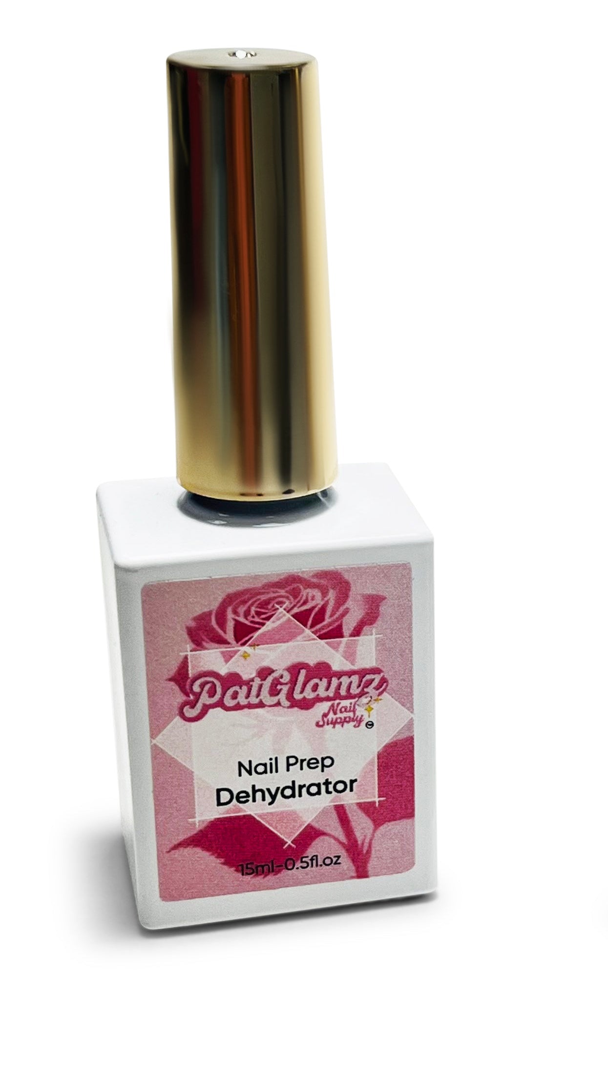PatGlamz Nail Prep Dehydrator bottle with gold cap on a white background