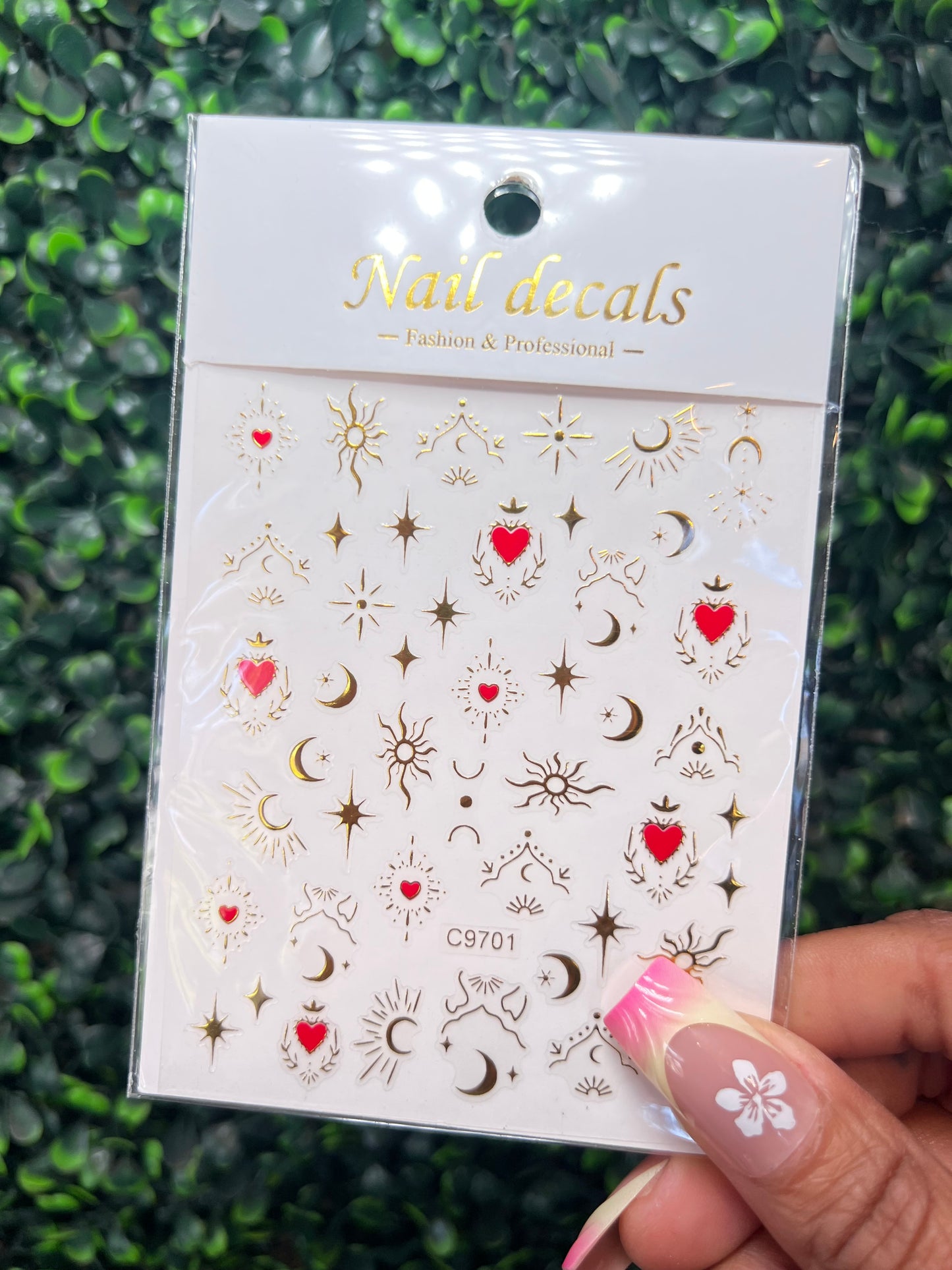 NAIL STICKERS/RED AND GOLD MOONS & STARS